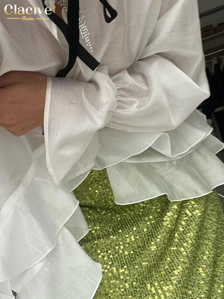 Stilla | Kvinders Gennemsigtige Mesh Mode Designer Flæse Trim Langærmede Toppe