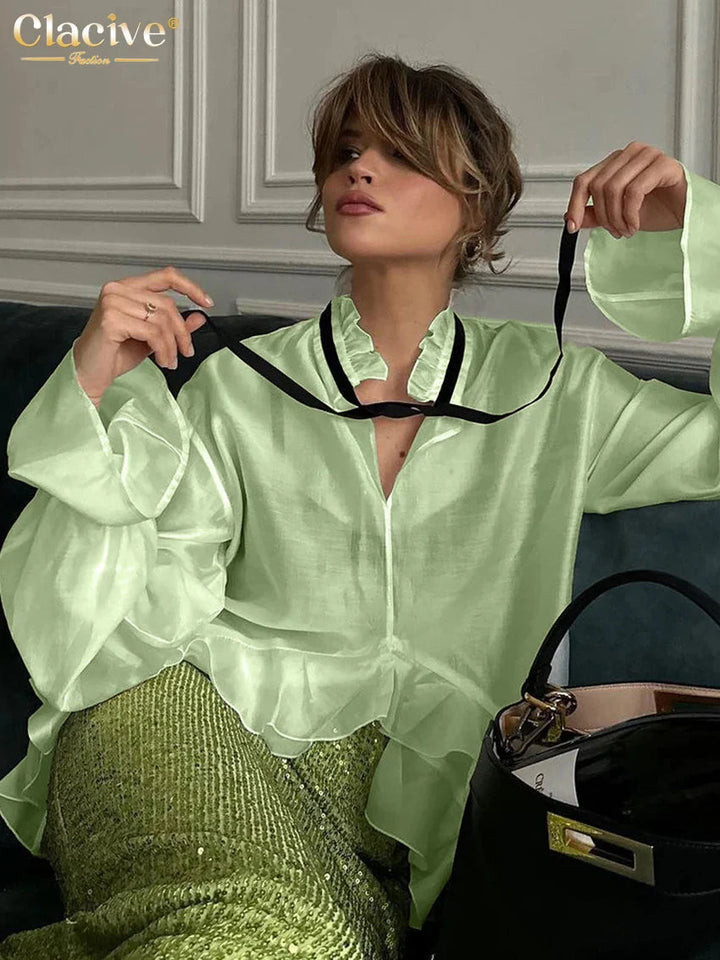Stilla | Kvinders Gennemsigtige Mesh Mode Designer Flæse Trim Langærmede Toppe
