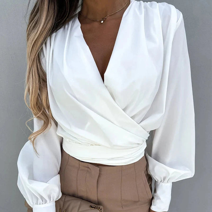 Stilla | Kvinders V-Hals Bluse Mode Designer Knap Lantern Langærmet Toppe