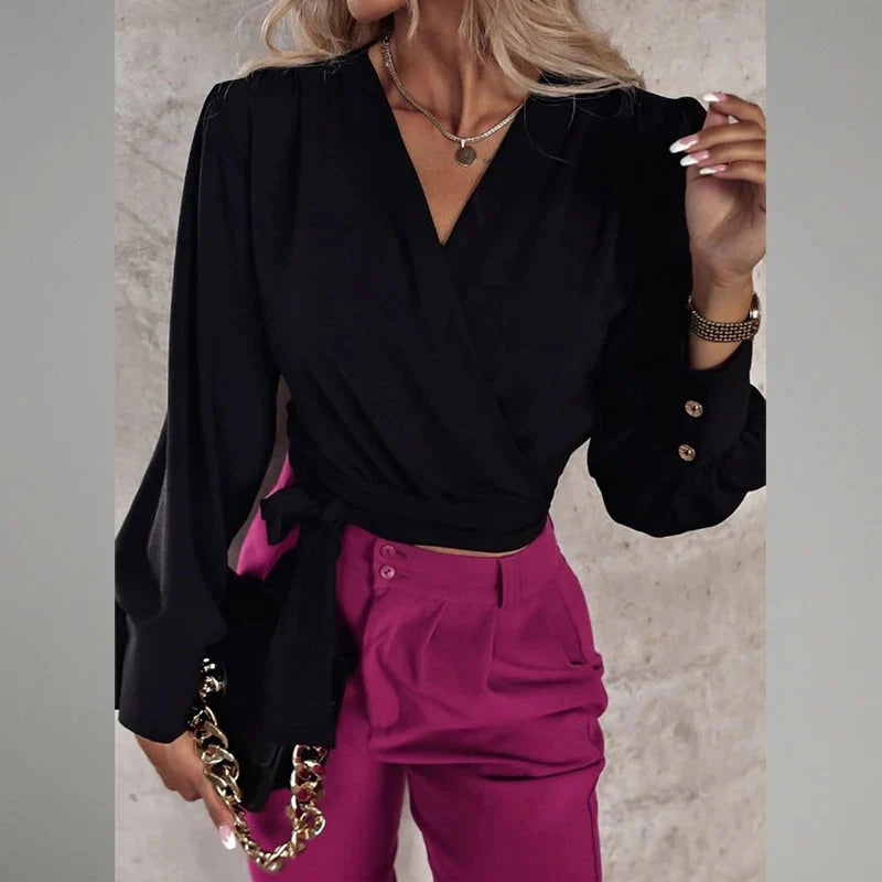 Stilla | Kvinders V-Hals Bluse Mode Designer Knap Lantern Langærmet Toppe