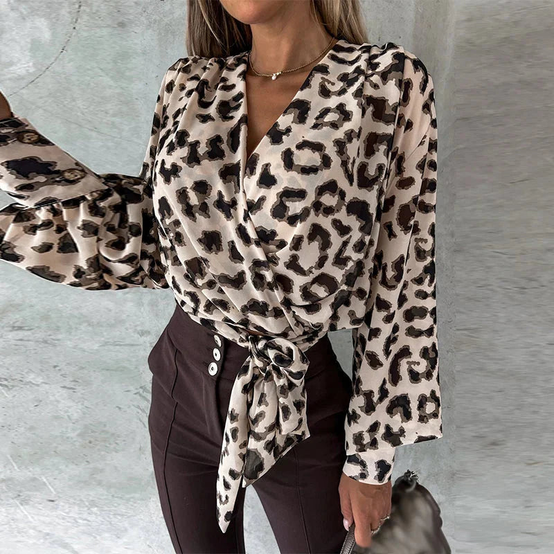 Stilla | Kvinders V-Hals Bluse Mode Designer Knap Lantern Langærmet Toppe