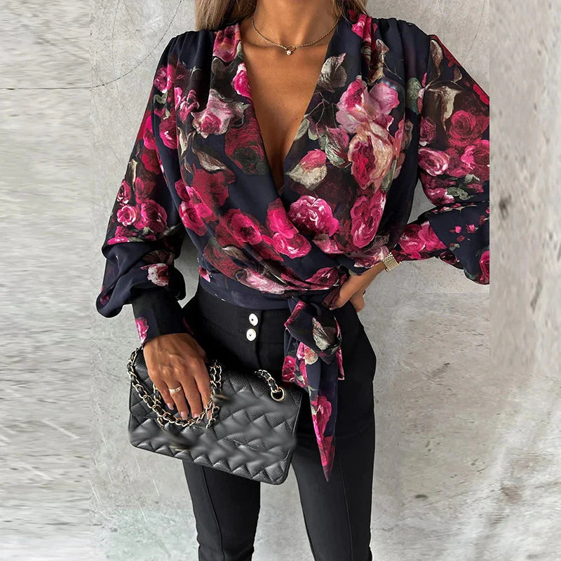 Stilla | Kvinders V-Hals Bluse Mode Designer Knap Lantern Langærmet Toppe