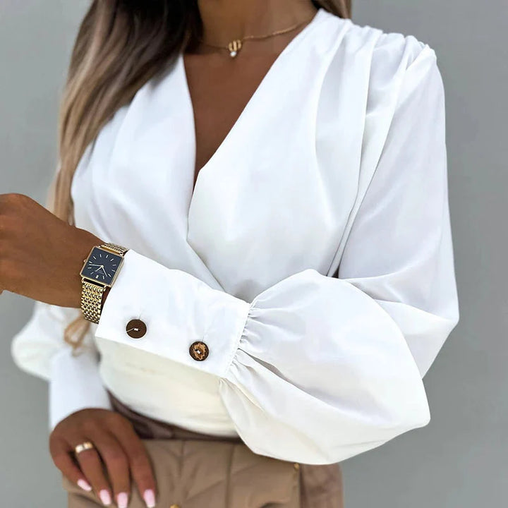Stilla | Kvinders V-Hals Bluse Mode Designer Knap Lantern Langærmet Toppe