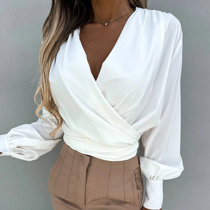 Stilla | Kvinders V-Hals Bluse Mode Designer Knap Lantern Langærmet Toppe