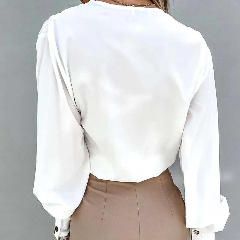 Stilla | Kvinders V-Hals Bluse Mode Designer Knap Lantern Langærmet Toppe