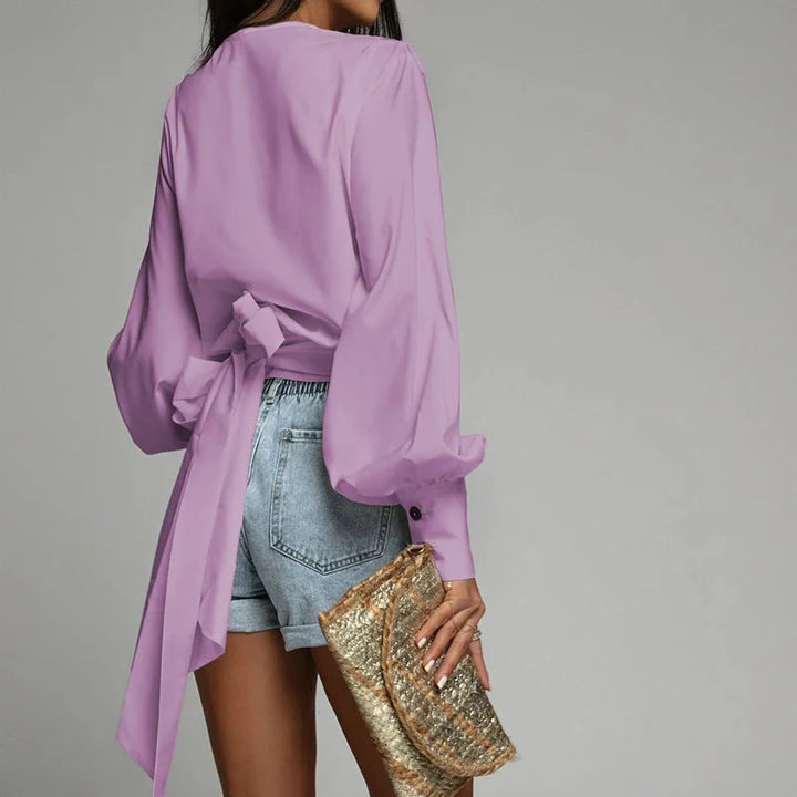 Stilla | Kvinders V-Hals Bluse Mode Designer Knap Lantern Langærmet Toppe
