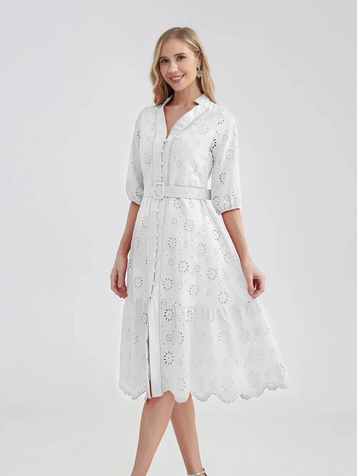 Stilla | Kvinders V-Hals Knap A-Linje Mode Designer Kjoler (midi)