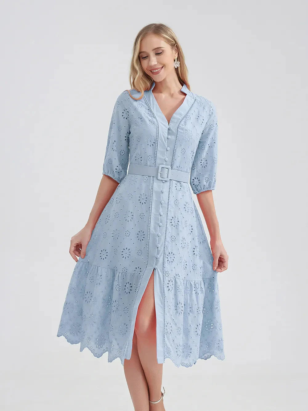 Stilla | Kvinders V-Hals Knap A-Linje Mode Designer Kjoler (midi)