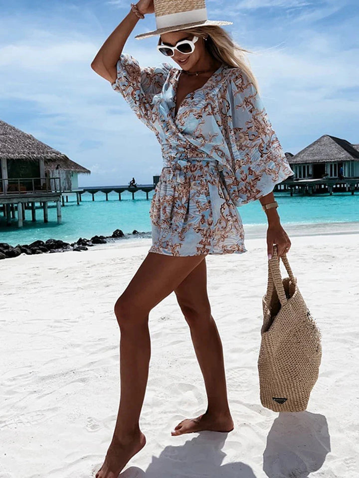 Stilla | Kvinders V-Hals Puff Ærmer Blomster Chiffon Mode Designer Rompers