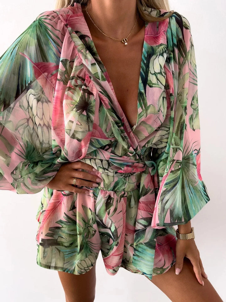 Stilla | Kvinders V-Hals Puff Ærmer Blomster Chiffon Mode Designer Rompers