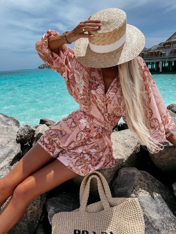 Stilla | Kvinders V-Hals Puff Ærmer Blomster Chiffon Mode Designer Rompers