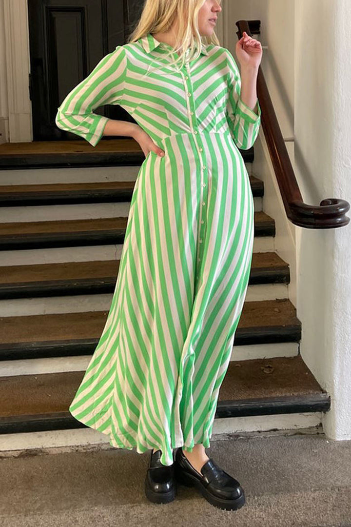 Stilla | Stripe Langærmet Knap Maxi Skjorte Kjole