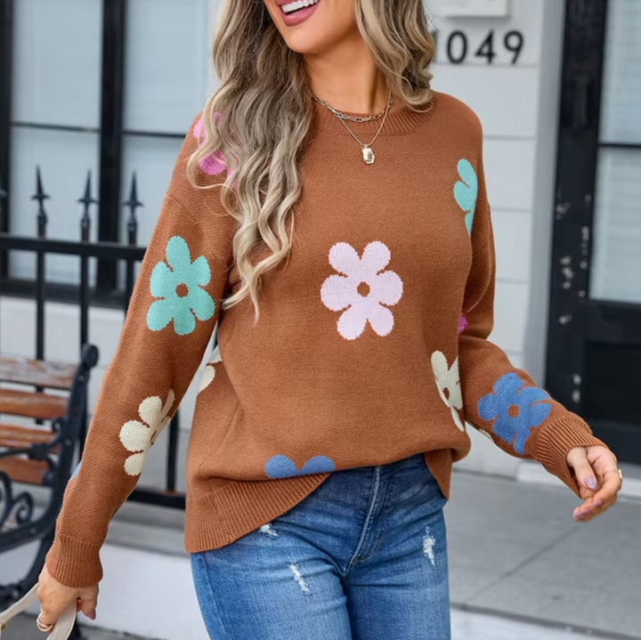 Stilla | Strikpullover Med Blomster Mønster